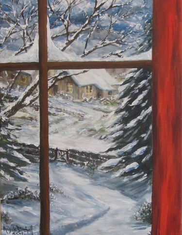 Winter scene of snow covered trees, garden and road viewed from inside house. Acrylics on canvas.